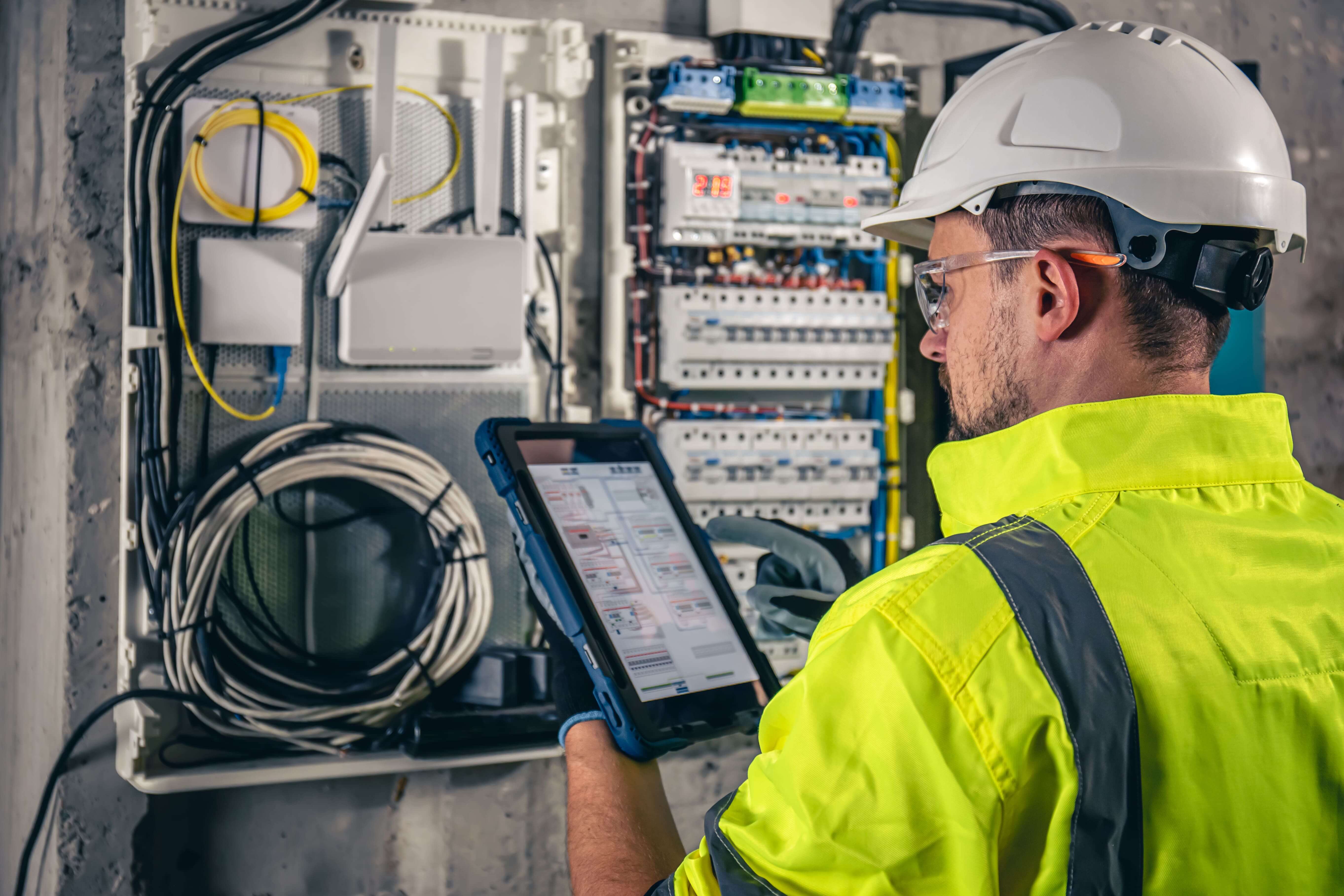 Técnico eléctrico monitoreando tablero con tablet