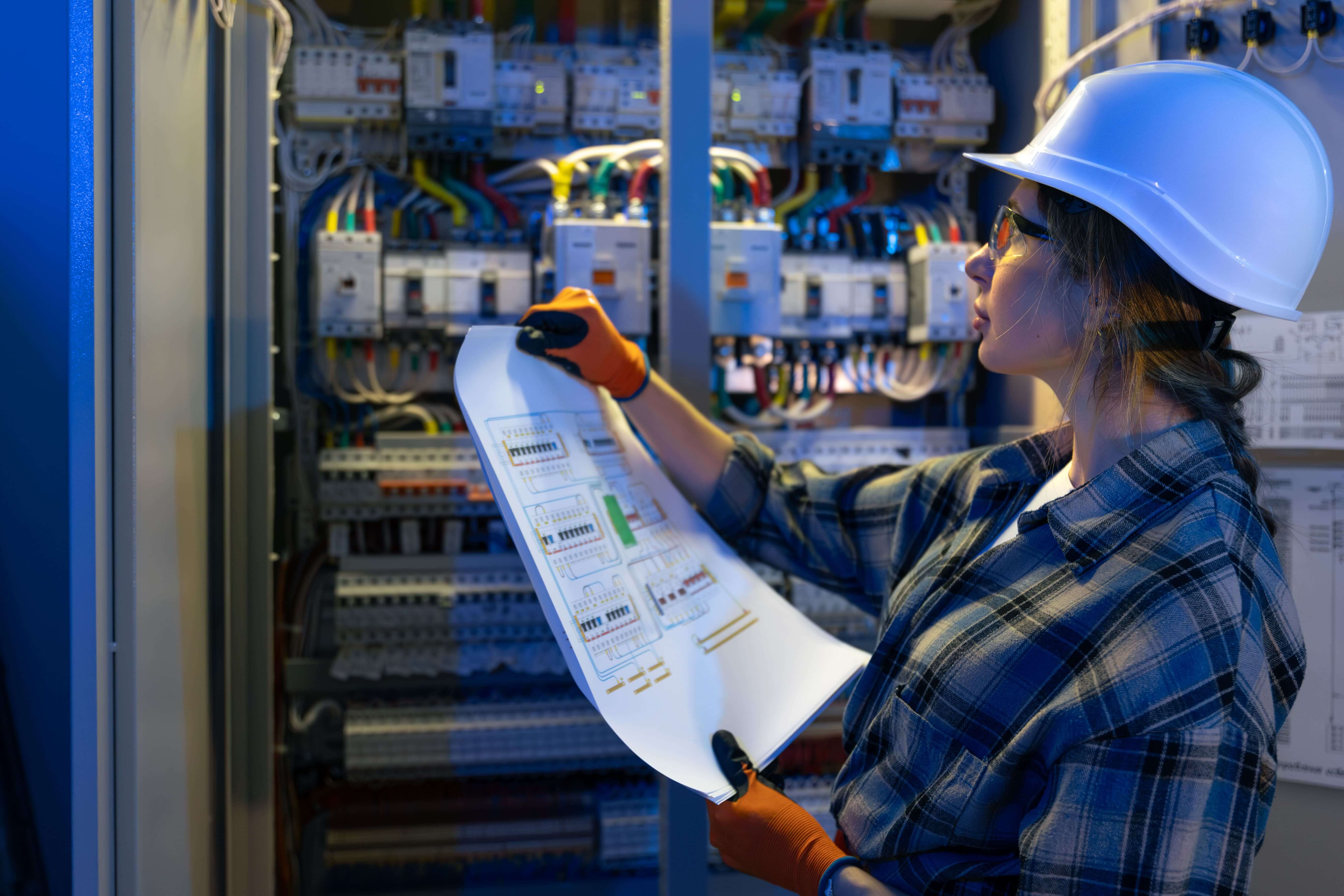 Técnica revisando planos frente a tablero eléctrico